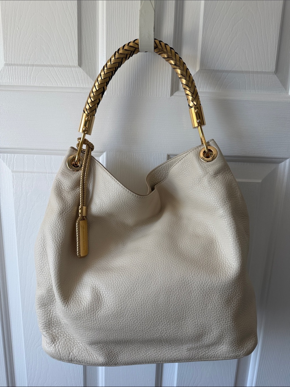 Michael Kors Cream Leather Shoulder Hobo with Gold Braided Handle